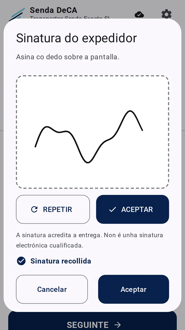 Sinatura de conformidade recollida na pantalla do móbil