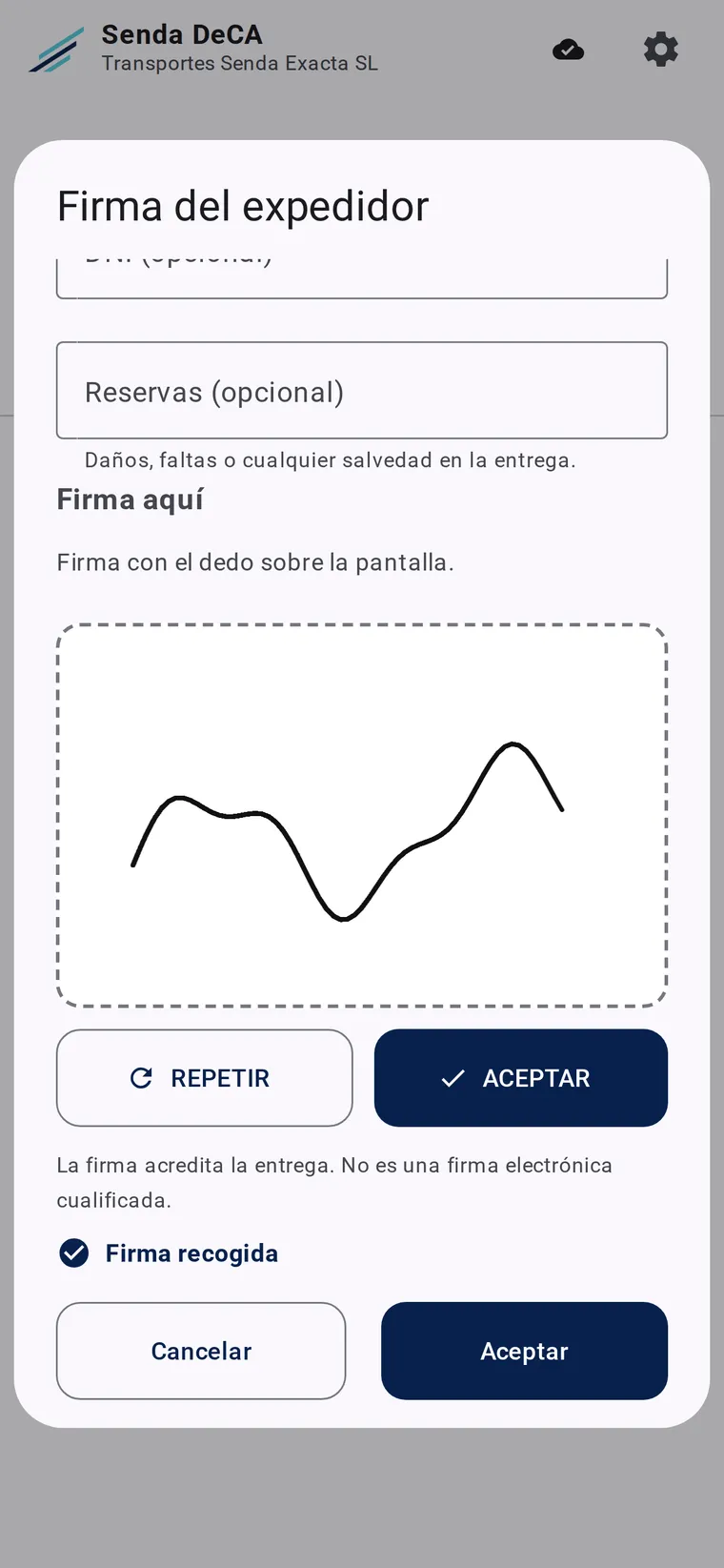 Firma de conformidad recogida en la pantalla del móvil