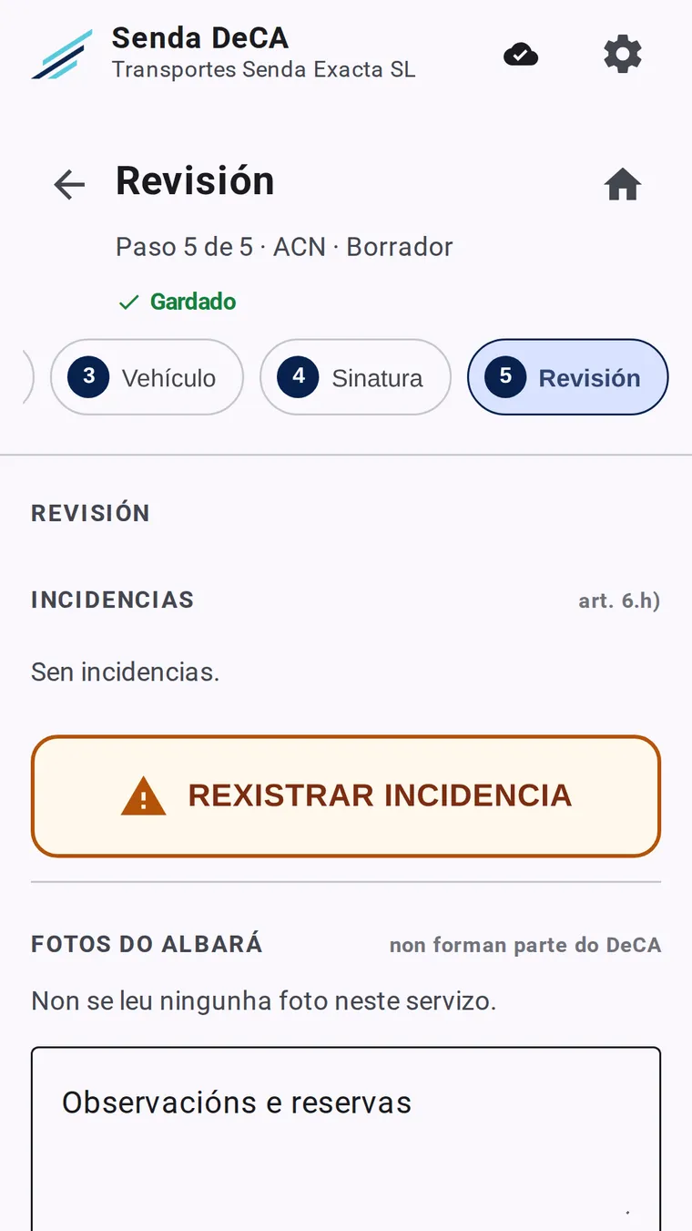Rexistro dunha incidencia que constará no documento