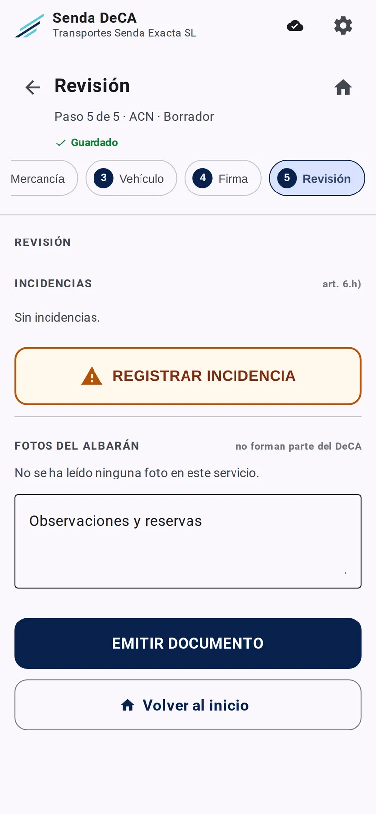 Registro de una incidencia que constará en el documento