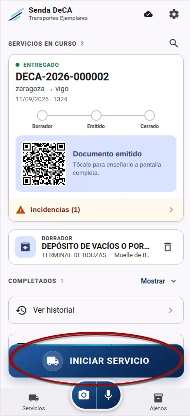 Pantalla d’inici de Senda DeCA: serveis en curs i el botó INICIAR SERVEI