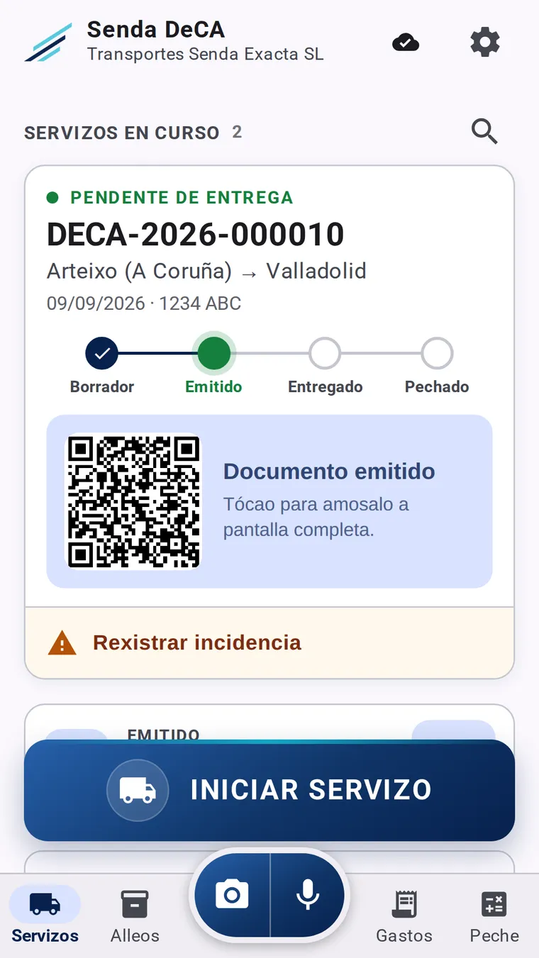 Pantalla de inicio de Senda DeCA co botón grande de iniciar servizo