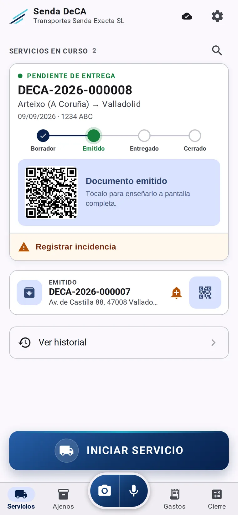 Pantalla de inicio de Senda DeCA con el botón grande de iniciar servicio