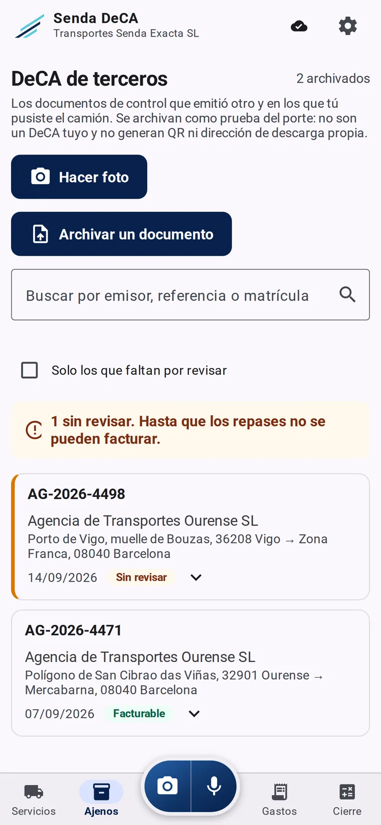 La pantalla de DeCA de terceros, con el botón de hacer foto de un documento y el aviso de los que faltan por revisar